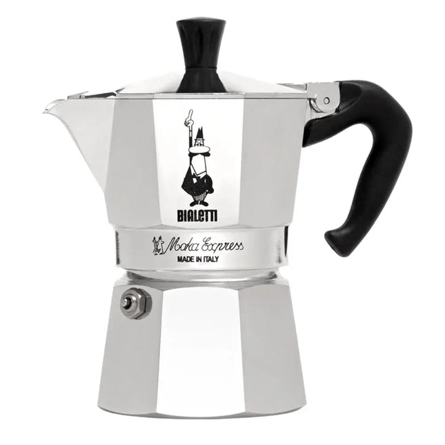 Bialetti Moka Express 3-cup stovetop coffee maker by Danes Specialty Coffee with polished metal finish and ergonomic handle