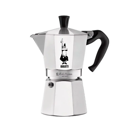 Bialetti Moka Express 4-cup stovetop espresso maker by Danes Specialty Coffee, showing the polished aluminum pot and handle.