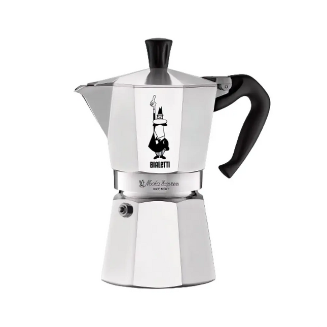 Bialetti Moka Express 4-cup stovetop espresso maker by Danes Specialty Coffee, showing the polished aluminum pot and handle.