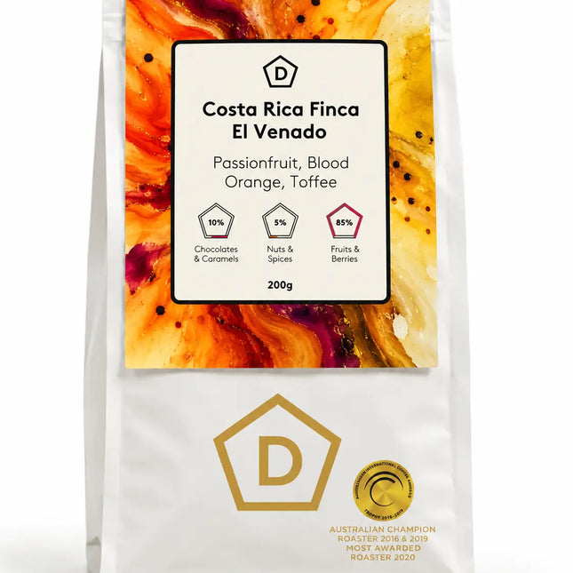 Front view of Danes Coffee Roasters Costa Rica Finca El Venado 200g single origin coffee bag with passionfruit, blood orange and toffee tasting notes.