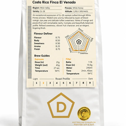 Costa Rica Finca El Venado coffee profile showing SL-28 variety, White Honey processing, West Valley origin, tasting scores and brewing recommendations.