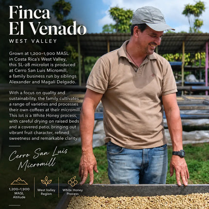 Coffee producer at Cerro San Luis Micromill in Costa Rica's West Valley, with drying coffee beans and information about the White Honey process.