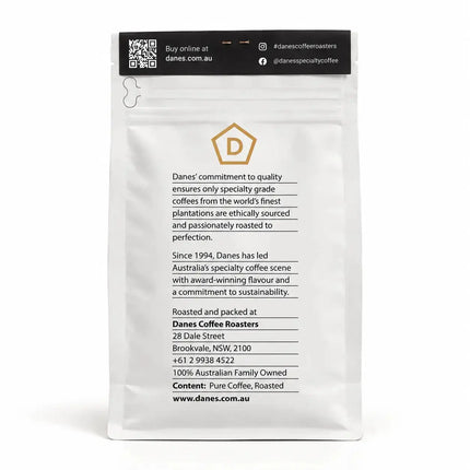Back of Danes Coffee Roasters coffee packaging featuring brand information, roasting details and company contact information.