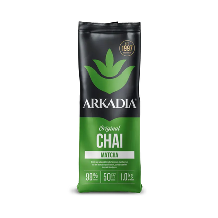 Danes Specialty Coffee Arkadia Matcha Chai Tea in 1kg package, front view showing the tea's packaging and branding.