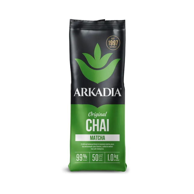 Danes Specialty Coffee Arkadia Matcha Chai Tea in 1kg package, front view showing the tea's packaging and branding.