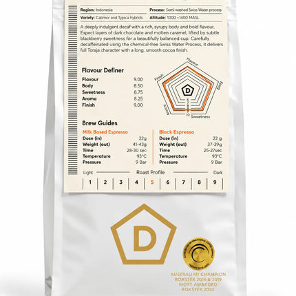Front view of Danes Coffee Roasters Indonesia Kalosi Toraja single origin decaf coffee, 200g bag with tasting notes of vanilla gelato, orange rind and blackberry.