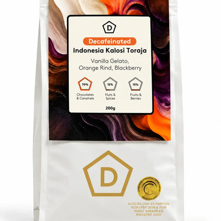 Front view of Danes Coffee Roasters Indonesia Kalosi Toraja single origin decaf coffee, 200g bag with tasting notes of vanilla gelato, orange rind and blackberry.