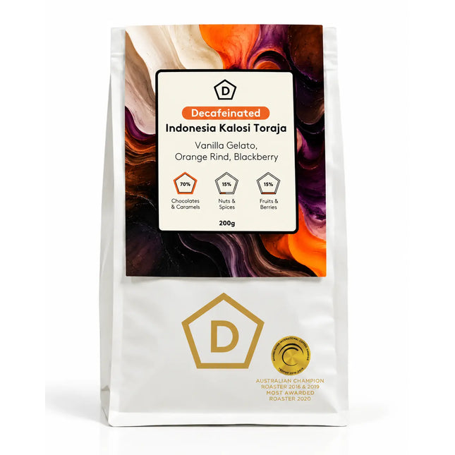 Front view of Danes Coffee Roasters Indonesia Kalosi Toraja single origin decaf coffee, 200g bag with tasting notes of vanilla gelato, orange rind and blackberry.