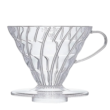 Clear plastic Hario V60 2-cup dripper for pour-over coffee brewing, showcasing the funnel-shaped design and ridged interior.