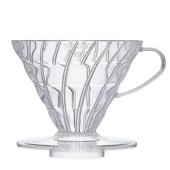 Clear plastic Hario V60 2-cup dripper for pour-over coffee brewing, showcasing the funnel-shaped design and ridged interior.