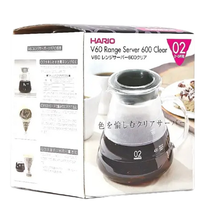 Clear HARIO 600mL range server for brewing, featuring a glass body and handle, ideal for coffee and tea serving.