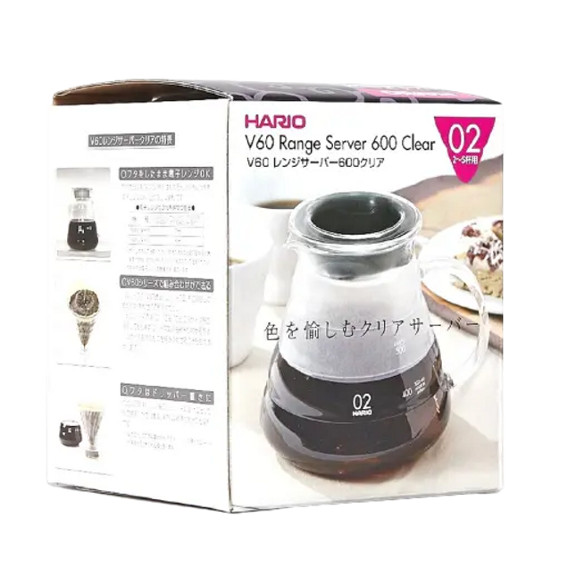 Clear HARIO 600mL range server for brewing, featuring a glass body and handle, ideal for coffee and tea serving.