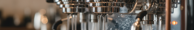 An ultra-realistic close-up of a high-end coffee machine, with clear water flowing through its pipes, showcasing pristine, unblemished components. The machine gleams under soft lighting, with water visibly free of impurities, symbolizing its perfect balance for optimal coffee extraction. The background is a blurred, professional café setting, enhancing the machine’s importance in delivering the perfect cup of coffee. Subtle details, like tiny droplets of water and the faint glow of a well-maintained system,