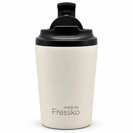Close-up of the Danes x Fressko 8oz Bino Cup in Frost, featuring theMade By Fressko logo 