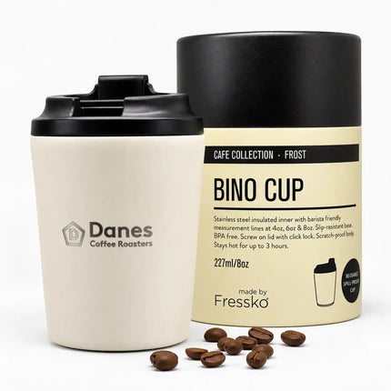 Close-up of the Danes x Fressko 8oz Bino Cup in Frost, featuring the Danes Coffee Roasters logo.