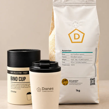 Danes Ascension 1kg specialty coffee paired with a branded Frost Fressko 8oz reusable cup.