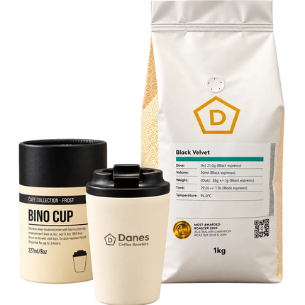 Danes Black Velvet 1kg specialty coffee with Frost Fressko Bino Cup and matching packaging.