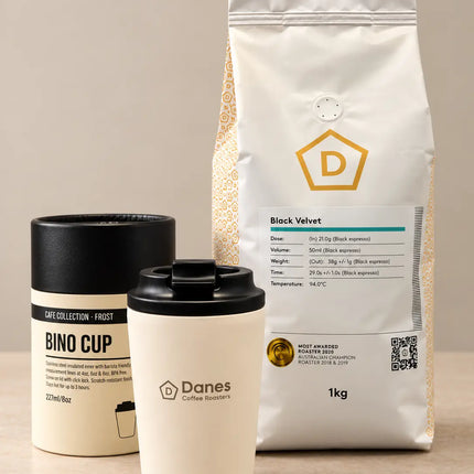 Danes Black Velvet 1kg specialty coffee with Frost Fressko Bino Cup and matching packaging.