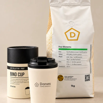 Danes Four Elements 1kg specialty coffee with a Danes x Fressko Bino Cup in Frost.