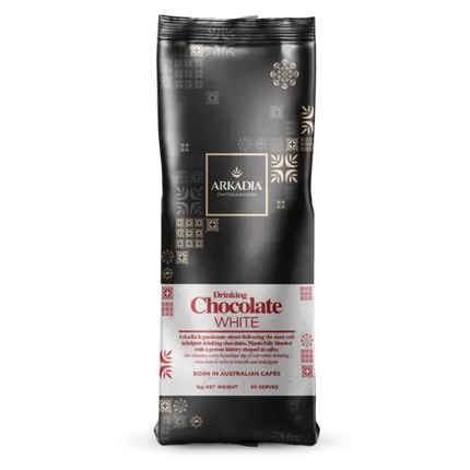 White chocolate bar from Danes Specialty Coffee, Arkadia 1kg package, smooth creamy texture and white appearance.