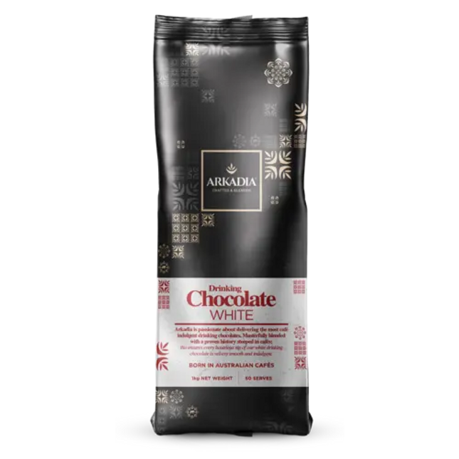 White chocolate bar from Danes Specialty Coffee, Arkadia 1kg package, smooth creamy texture and white appearance.